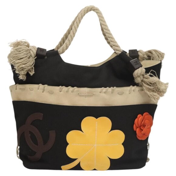 CHANEL COCO Mark Camelia Tote Bag Canvas Black Silver CC Auth - Picture 2 of 15